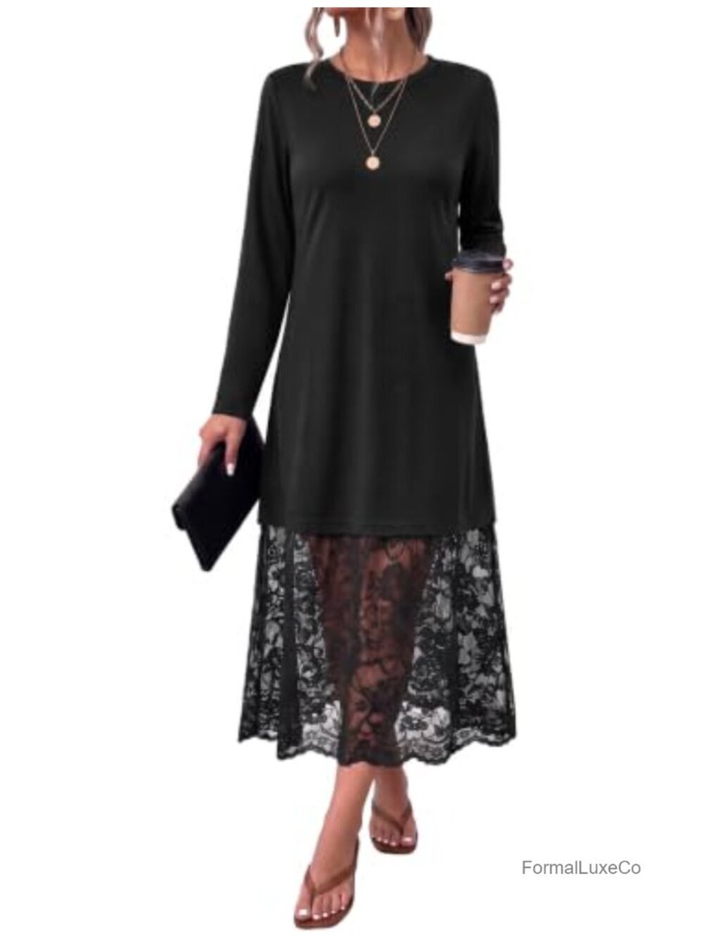 WIHOLL Lace Patchwork Long Sleeve Midi Dress Fall Wedding Guest